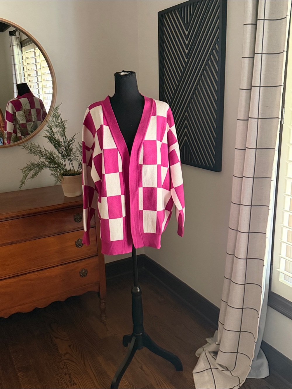Pink Lily Pink and Cream Checkerboard Cardigan